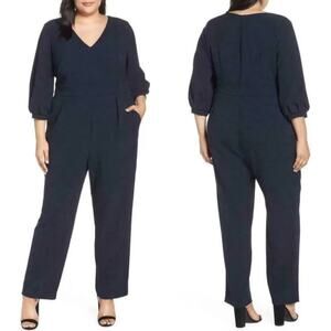 Eliza J NWT Bubble Sleeve Crepe Jumpsuit Navy Size 22W Straight Leg Pleated